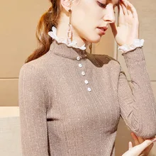 Лоскутная кружевная пуговица осень зима свитер женский эластичный тонкий длинный рукав черный пуловер вязаный джемпер Топы M99902