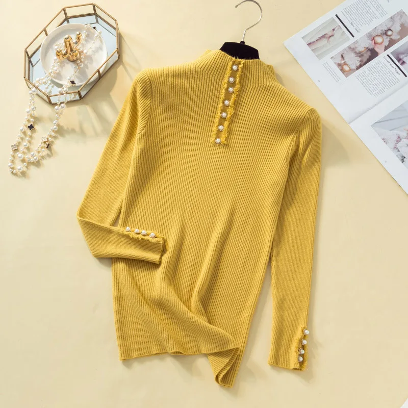 Модный свитер с воротником-хомутом, украшенный бисером, женский осенне-зимний однотонный вязаный пуловер, женский тонкий мягкий джемпер, свитер, женские вязаные топы - Цвет: Цвет: желтый