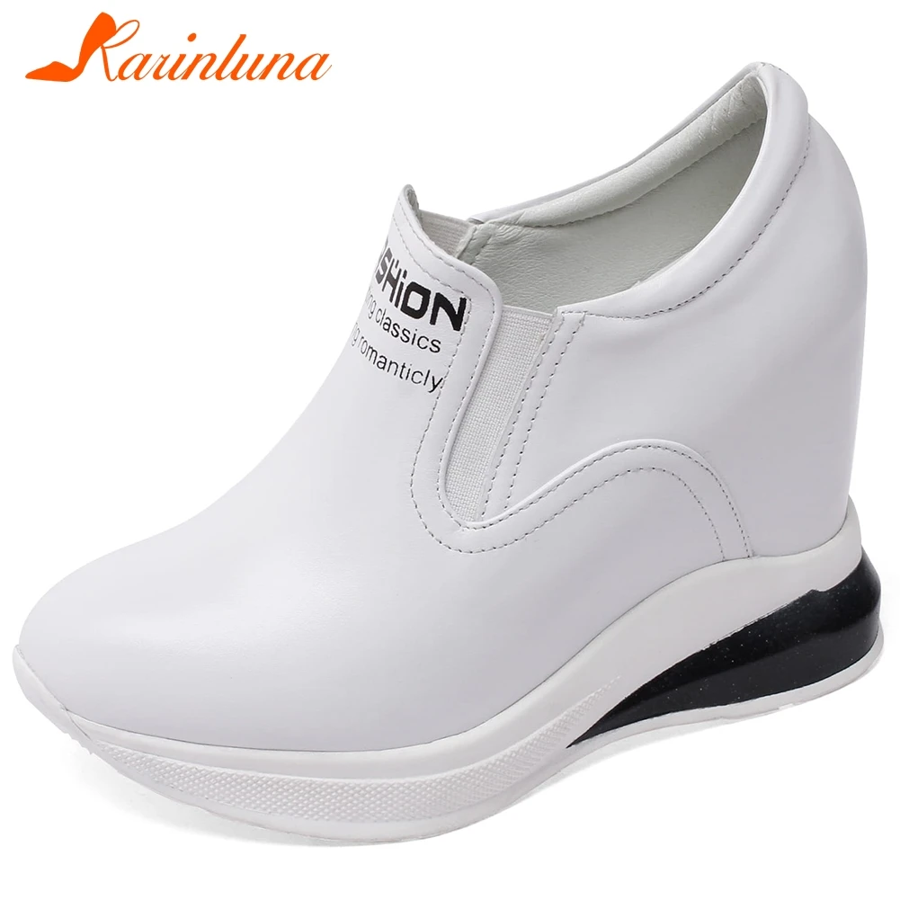 

Karinluna 2020 Fashion New Genuine Cow Leather Comfortable Shoes Woman Pumps Slip On Increasing High Heels Concise Pumps