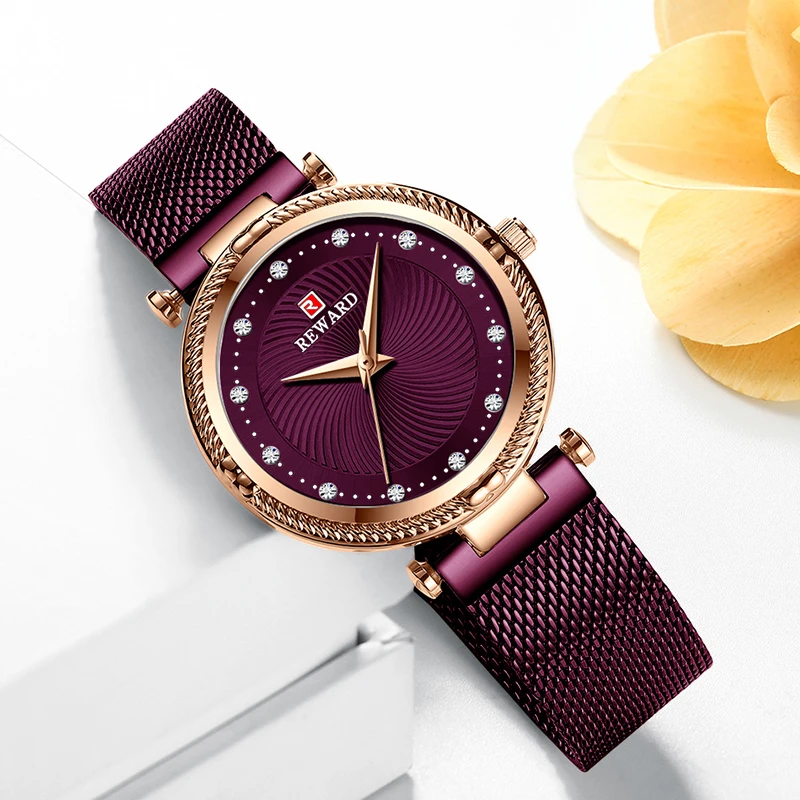 REWARD Brand Luxury Women Watches Fashion Rhinestone Quartz Ladies Wrist Watch Dress Purple Waterproof Clock Girl Friend Gift
