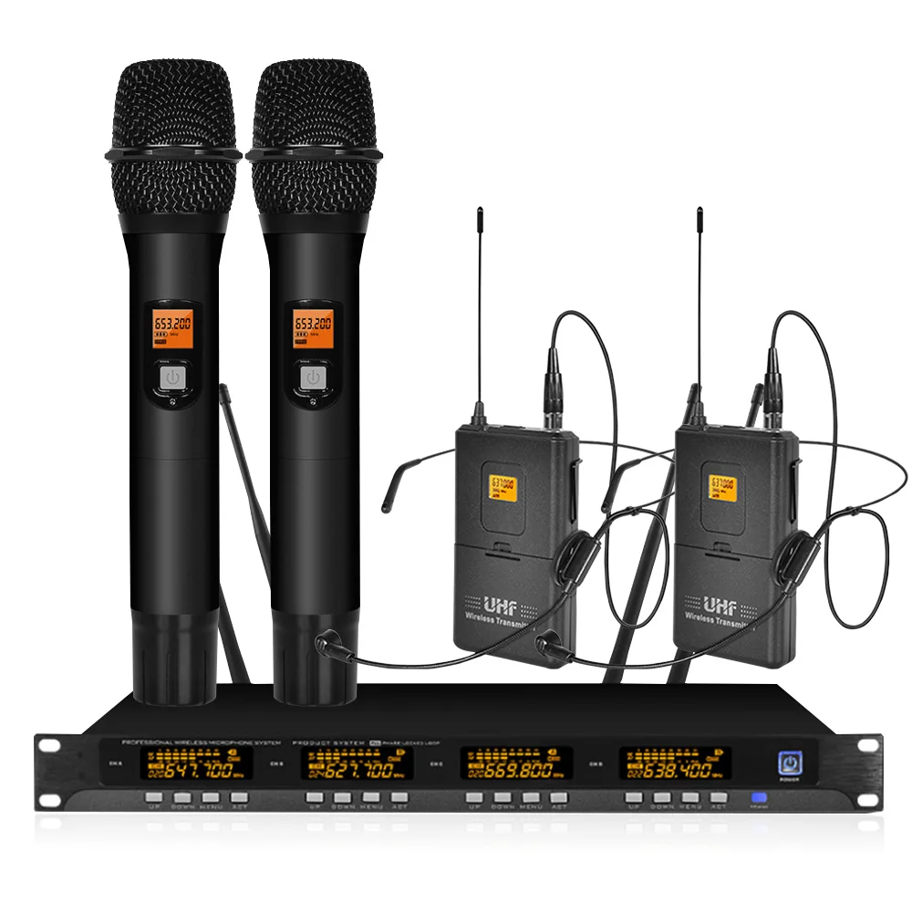 Микрофон металлический 4 канальный Uhf беспроводной микрофон с микрофонами на