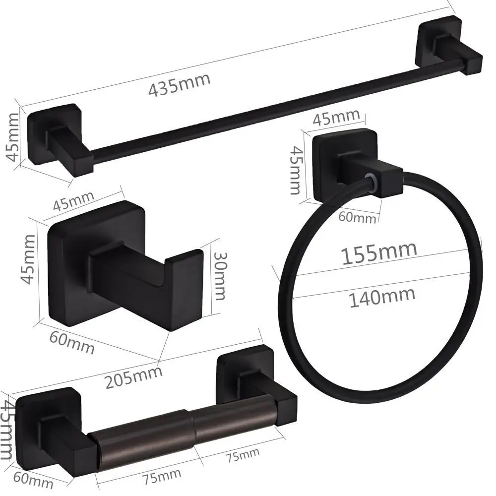 

Stainless Steel Hand Towel Holder 4-piece Bathroom Accessories Set Robe Hook Wall Toilet Roll Paper Holder Matte Black