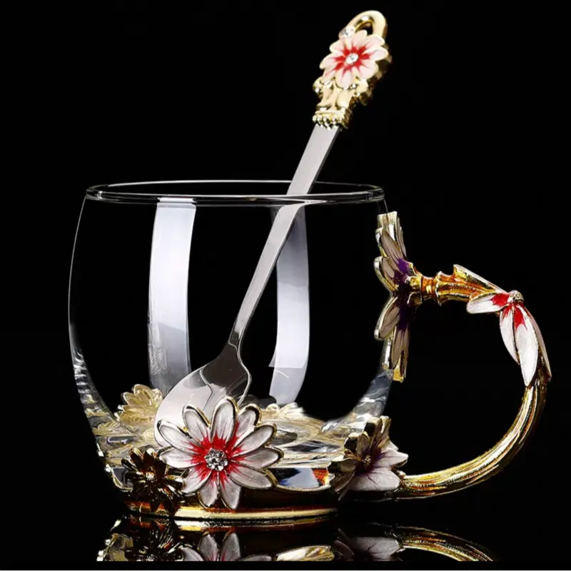 Креативная ручная эмалированная стеклянная чашка кофейная чашка кунг-фу ароматная чайная чашка молочная чашка для лимонного сока стеклянная Подарочная чашка для влюбленных - Цвет: 1 cup 1 spoon S