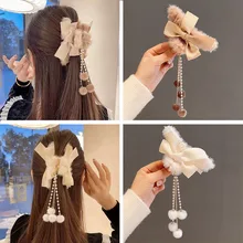 

Pearls Tassel Hair Claws Women Elegant Bow Faux Fur Grips Sweet Long Hair Hold Plush Hairpin Fashion Hair Accessories Claw Crab