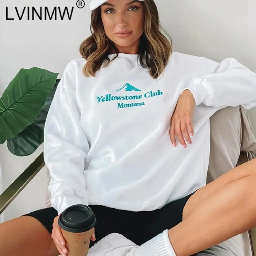 LVINMW Sexy Letter Embroidery O Neck Long Sleeve White Top Woman Pullovers Simple Casual Fashion Daily Tops Pullover Streetwear | Женская