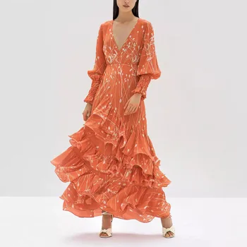 

Spring Fall V Neck Lantern Long Sleeve Ruffle Runway Designer Boho Wrap Dress Women Lady Printed Maxi Dresses Streetwear Clothes