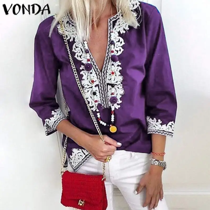

VONDA Women Blouse Shirts 2019 Spring Summer Bohemian Sexy 3/4 Sleeve Printed Tops Plus Size Vintage Tunic Casual Loose Blusas