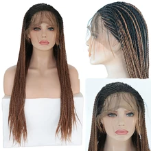 RONGDUOYI, длинные, Омбре, коричневый, жаропрочные, синтетические, на кружеве, парик, два тона, плетеная коробка, косички, передние, на кружеве, парики для женщин