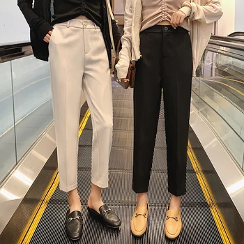 Półformalne spodnie do garnituru damskie 2021 koreańskiej wersji nowe spodnie dziewięciopunktowe wysokiej talii prosta rurka wiszące Harlan spodnie dla kobiet tanie i dobre opinie COTTON HIGH Spodnie do kostek Wacikiem CN (pochodzenie) Proste Dla osób w wieku 16-28 lat white JEANS WOMEN Lato 2020 Cienki