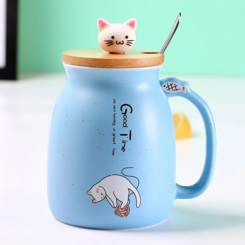 Кружка с изображением кота из мультфильма, термостойкая с крышкой, ложка, чашка, котенок, кофе, керамические офисные кружки, милая посуда для напитков, детский подарок, украшение для дома - Цвет: Синий