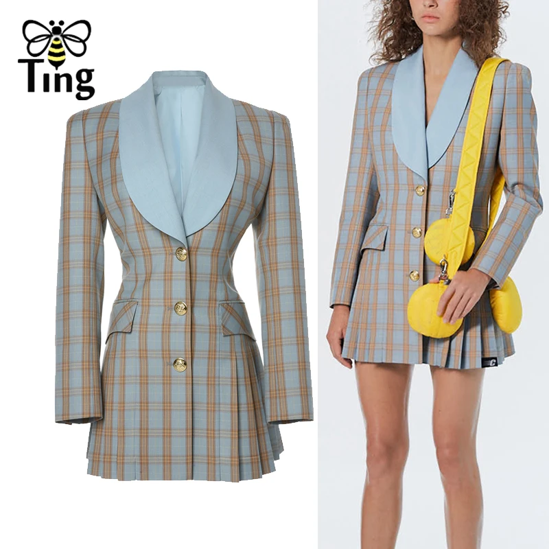 Tingfly Designer Runway 90S Vintage Plaid Single Breasted Mini Short Dress Elegant Party Night Dresses Casual Pleated Hem | Женская