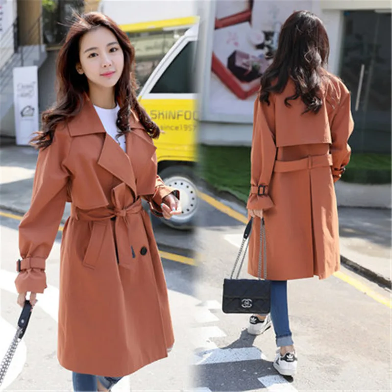 

Windbreaker Women 2019 Spring Autumn Fashion Large size Outerwear Double-breasted Solid color Red Khaki Woman Trench Coat 810