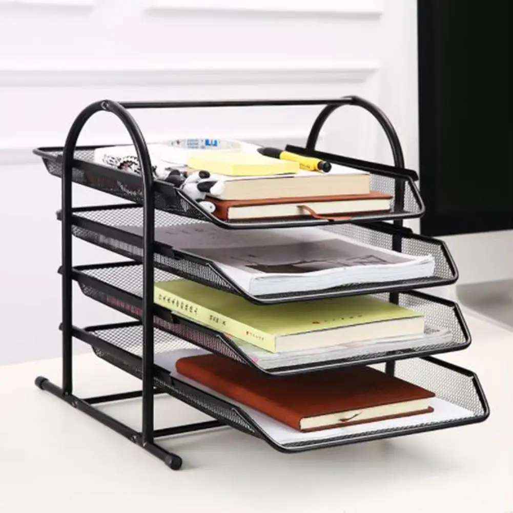 

4-Floor Mesh Metal Desktop Expanding File Stand Newspaper Magazine A4 Paper Organizer School Office Supplies Holder Storage Rack