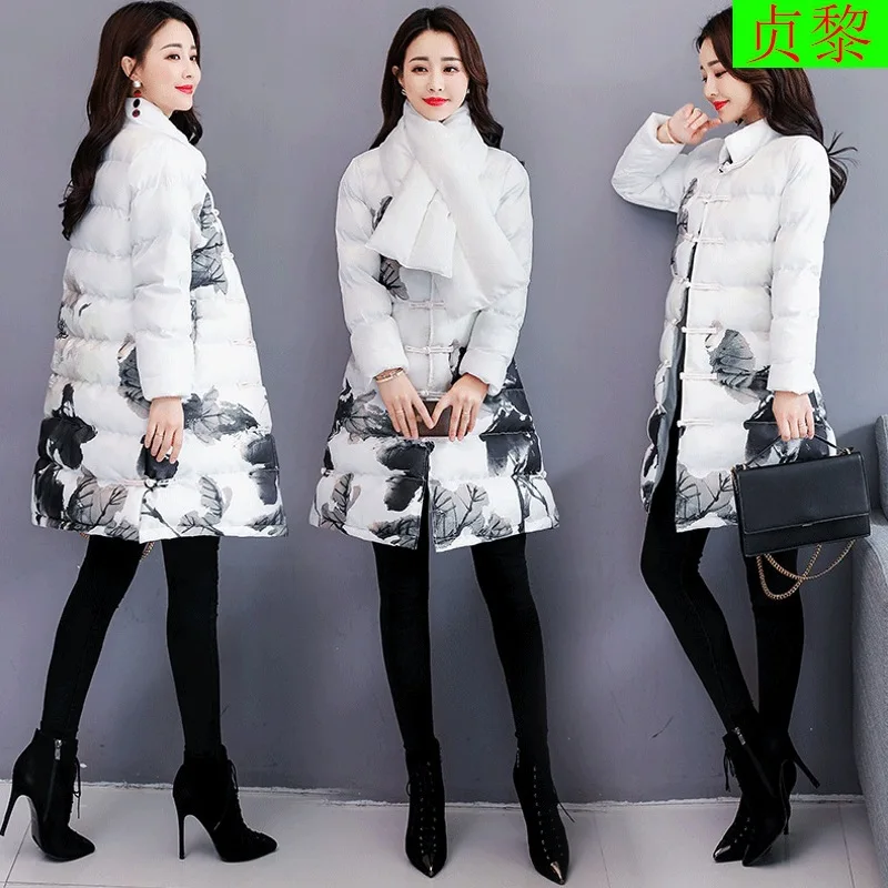 

Fashion China Ethnic-Style Cotton-padded Clothes 2018 Winter New Style Printed Thin down Jacket Cotton-padded Clothes Mid-length
