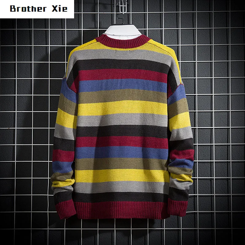 

Winter Striped Sweater Men's Warm Fashion Contrast Color O-neck Knit Pullover Man Wild Hit Color Loose Large Size Sweater M-5XL