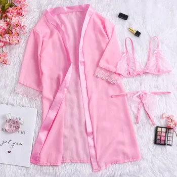 

3PC Summer Women Sexy Lingerie Lace Night Wear Gown Sleepwear Satin Silk Lace Three Piece Suit Underwear bath robe Pajama Set