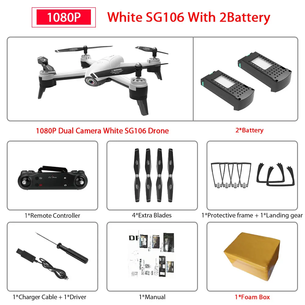 1080P White 2B FB SG106 WiFi FPV RC Дрон 4K камера оптический поток 1080P HD Двойная камера дроны антенна видео RC Квадрокоптер самолет VS SJRC F11 Дрон - Цвет: 1080P White 2B FB