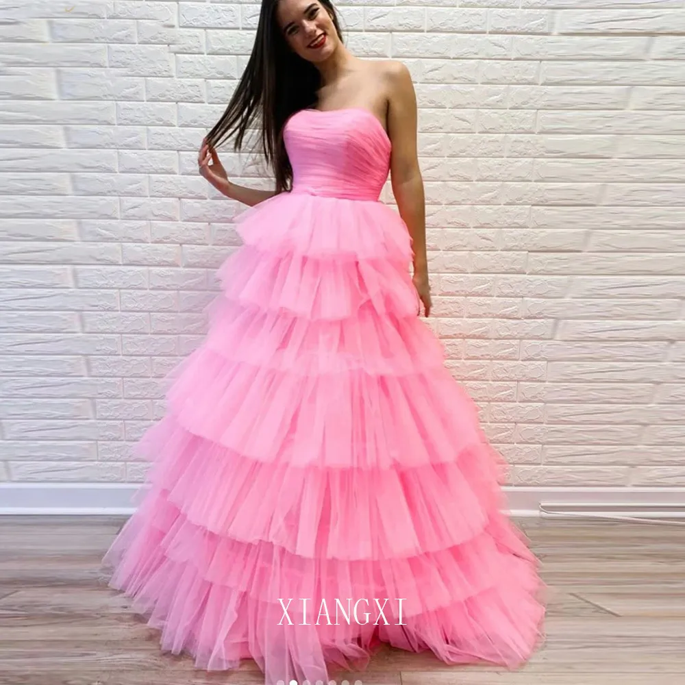 

Belle robe de bal rose 2020 longue jupe а plusieurs niveaux de bal Tulle sans bretelles cou robe de gвteau robes formelles