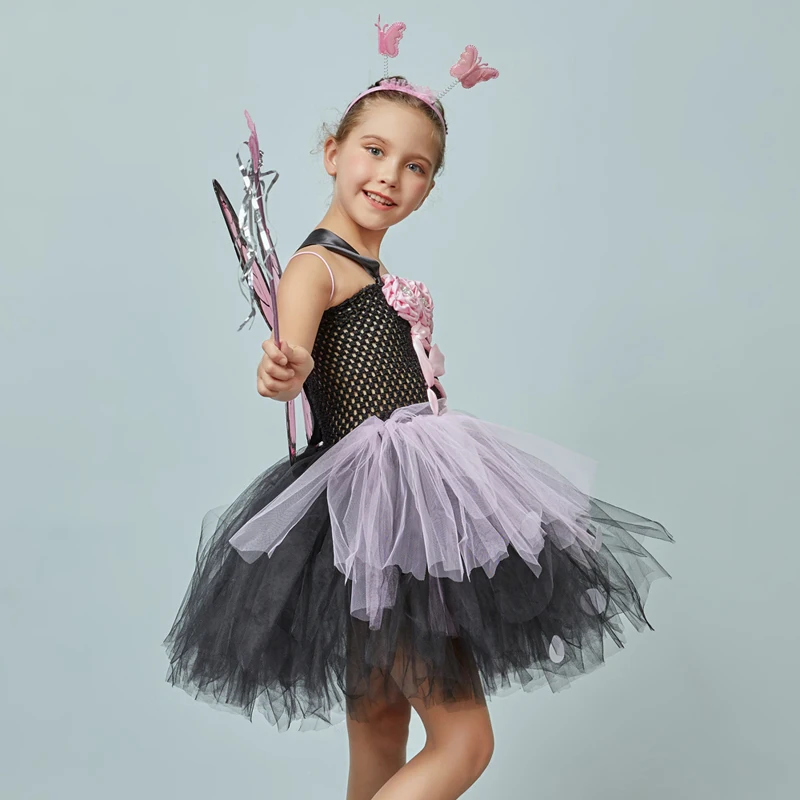 Pink and Black Monarch Butterfly Tutu Dress with Wings Girls Insect Bug Butterfly Halloween Costume Kids Birthday Tutu Outfit (6)