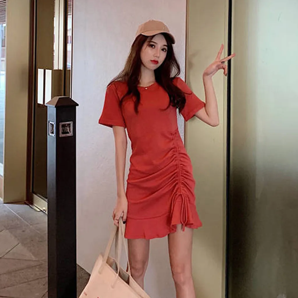 Jaycosin Fashion Summer Casual O-Neck Short Sleeve Elegant Women Summer Long Dress Ladies Slim Thin Solid Ruffles Knee Dress 319