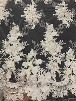 

high end handmade embroidered net lace fabric with beads JOY-31701african tulle lace with 3d flower for bride dress fabric