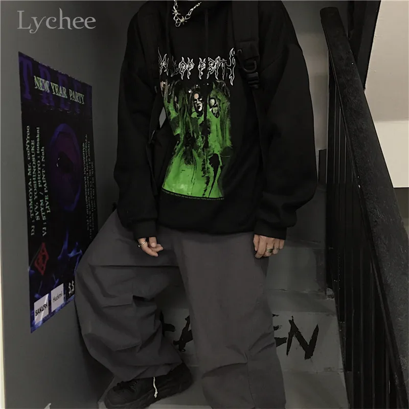  Lychee Harajuku Casual Loose Female Fleece Hoodies Dark Letter Character Women Fleece Hooded Sweats