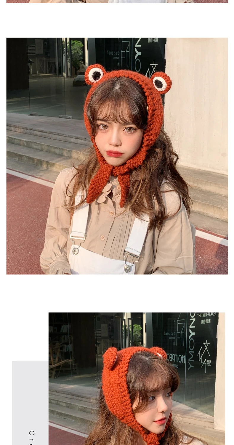H7735 Frog Knitted Beanie Hat Women Autumn Winter Sweet Cute Warm Korean Headpiece Student Girl High Quality Fashion Thick Hats
