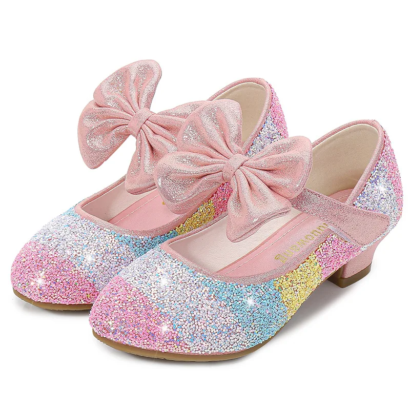 Girls' Leather Shoes Princess CHILDREN'S Shoes round-Toe Soft-Sole Big girls High Heel Princess Crystal