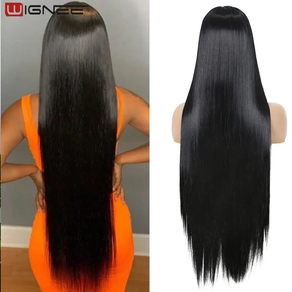 Wignee Long Straight Wig 30 Inch Black Wig Middle Part Lace Wigs With High Lights Synthetic Hair Wigs For Black Women Cosplay
