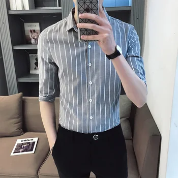 

2020 Summer New Men's Shirt Korean Slim Striped Middle Sleeve Shirt High Quality Business Casual Men's Tops Clothes