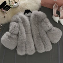 Женское зимнее толстое серое меховое пальто, модные Шубы из искусственного лисьего меха, женская меховая куртка с рукавом три четверти, искусственная розовая Меховая куртка PC237