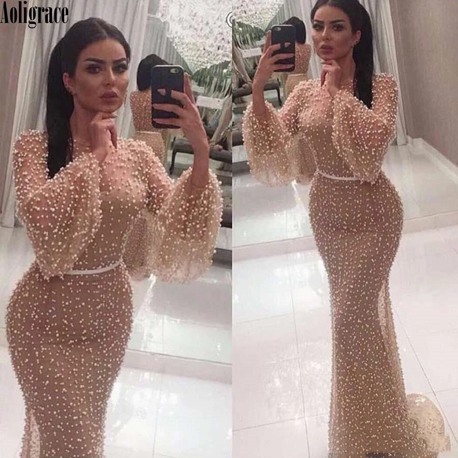 

Pearl Mermaid Evening Dresses 2020 Dubai O Neck Long Sleeves Champagne Formal Long Prom Dresses Party Gown Vestido De Festa