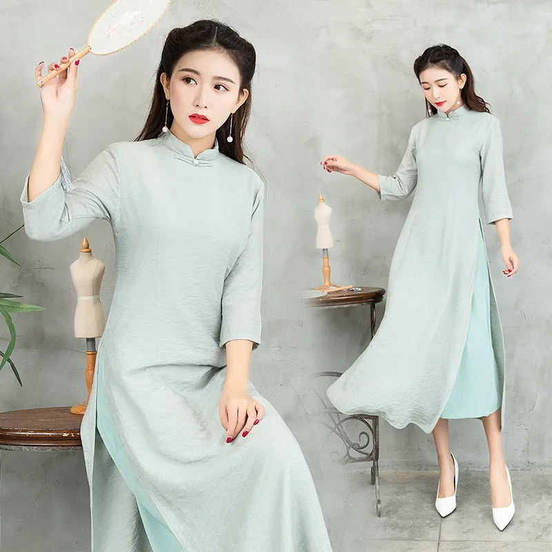

Audrey Retro Chinese-style Literature And Art WOMEN'S Dress Silk Linen Improved Cheongsam Dress Zen Tea Service Long Skirts