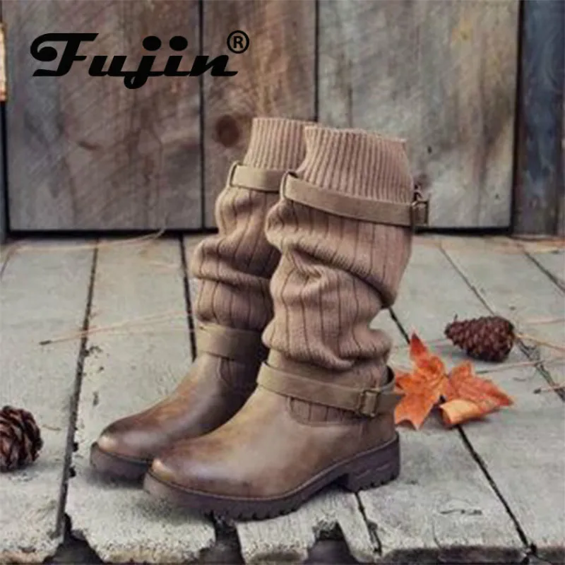 Fujin Europe United States Large Size Boots Dropshipping British Retro Motorcycle Boots Female Belt Buckle Trend Women Boots