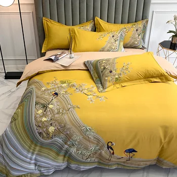 

Yellow Chinoiserie Chic Blossom Duvet Cover Birds and Tree Branches Tencel Silk Soft Breathable Bedding set Bed Sheet