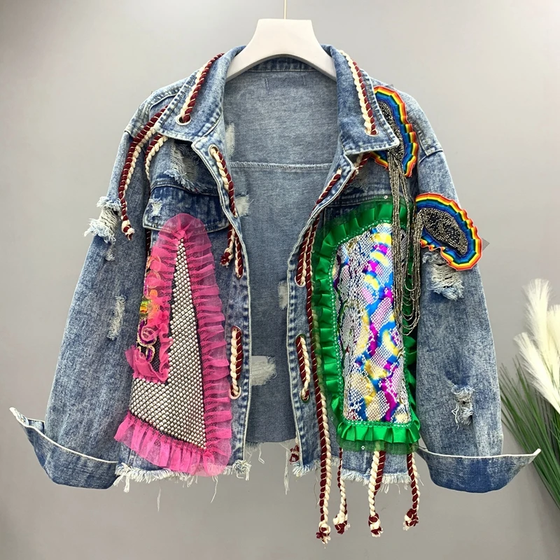 

2020 Spring Autumn New Burr Denim Jacket Heavy Industry Diamond Mesh Hole Contrasting Color Jeans Coat Harajuku Jean Jackets