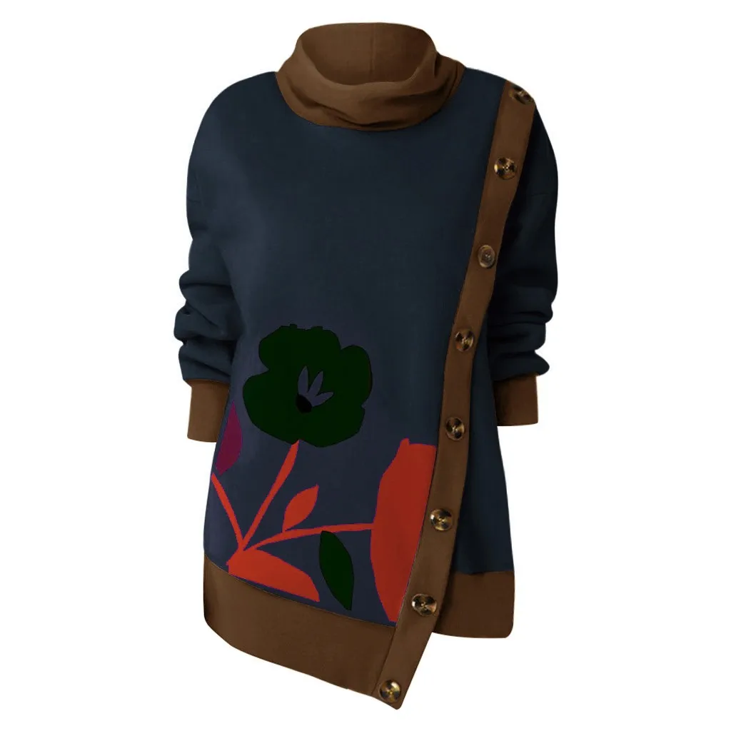 Autumn Sweatshirt Female Fashion Women Button Splice Print Long Sleeve O-Neck Sweatshirt Plus Size L-5XL sudadera mujer
