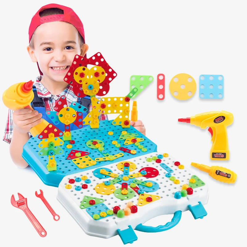 Drilling Screw 3D Creative Mosaic Puzzle Toys for Children Building Bricks Toys Kids DIY Electric Drill Set Boys Educational Toy