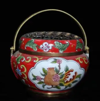 

Copper Statue Collection Chinese Handwork Painting Flower Red Copper Enamel Color Warm Hand Stove Incense Burner Gift Fengshui H