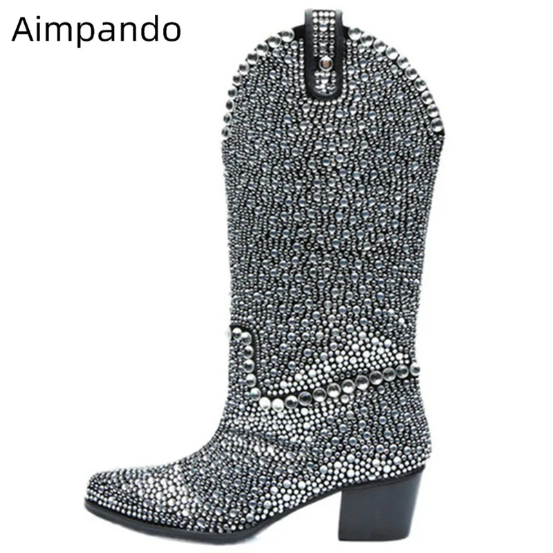 

Crystal Boots Women Pointy Toe Bling Mid Calf Luxury Party Bottes Chunky Square Med Heel Comfy Plus Size Decor Diamond Boots