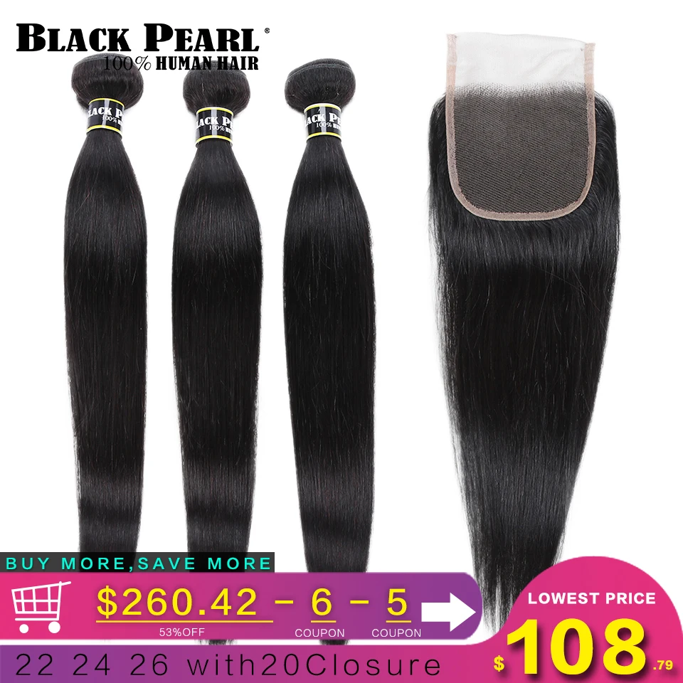 Günstig Schwarz Perle Pre Farbige 3 Bundles mit Schließung Gerade Menschliches Haar Bundles mit Verschluss Brasilianische Haarwebart Bundles