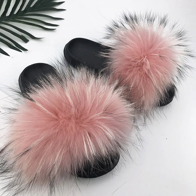 Raccoon - pink Женские меховые тапочки; теплые шлепанцы с лисьим мехом для женщин; шлепанцы; Домашние меховые тапочки; пушистые сандалии; зимняя плюшевая обувь - Цвет: Raccoon - pink