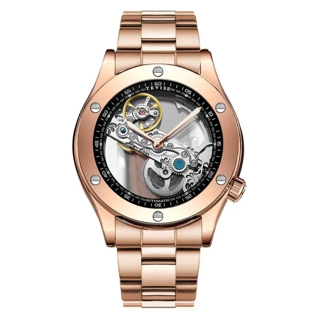 

Men's Watch Luxury Brand TEVISE Mechanical Men Watch Rose Double Side Transparent Tourbillon Stainless Steel Watch Male Clock