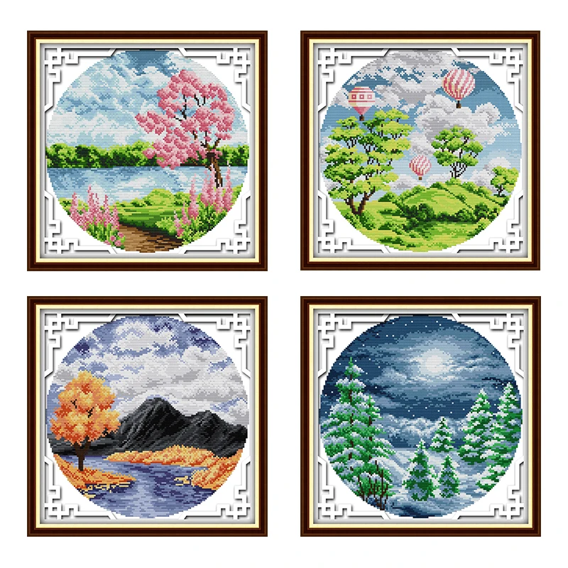 14CT Stamped Cross Stitch Kits DIY Four Seasons Printed Needlework Home Decor 