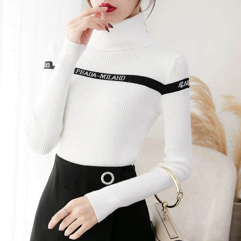 white H han queen Turtleneck Sweater Women Fashion Autumn Winter Letter Tops Women Knitted Pullovers Long Sleeve Jumper Femme Clothing - Color: white