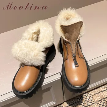

Meotina Genuine Leather Real Wool Fur Snow Boots Women Platform High Heel Short Boots Block Heels Zipper Warm Ankle Boots Shoes