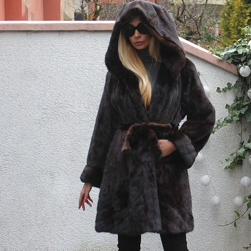 

FURSARCAR 2019 New Fashion Natural Real Brown Mink Swinger Coat With Large Hood For Women Luxury Long Winter Genuine Fur Jacket
