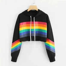 Autumn Women Hooded Sweatshirt Casual Sports Loose Rainbow Striped Hoodie Girl Cool Short Style Pullover New 2019 3 Colors Autumn Women Hooded Sweatshirt Casual Sports Loose Rainbow Striped Hoodie Girl Cool Short Style Pullover New 2019 3 Colors