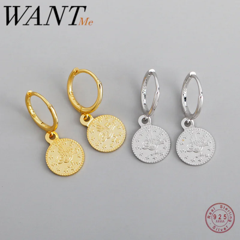 Женские винтажные серьги гвоздики WANTME роскошные круглые Висячие из 100% серебра 925 пробы с монетами ювелирные