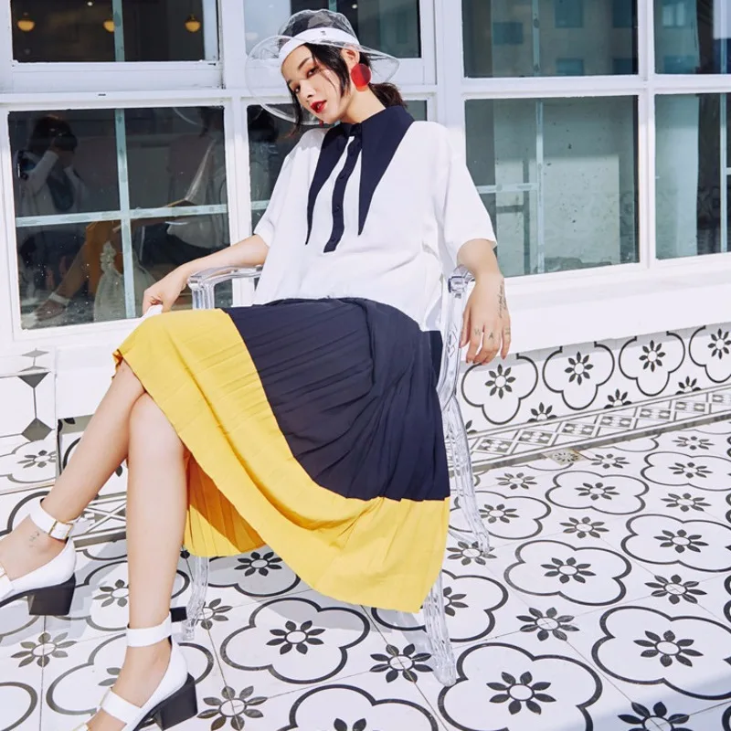 LANMREM Pointed Collar Five-point Sleeve Stitching Contrast Pleated Woman Dress Casual Simple Fashion Spring New TV538